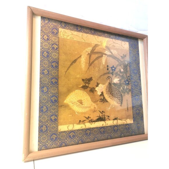 Tosa Mitsuoki Framed Woodblock Print Quail &Flowers Japan DAMAGED FRAME DISCOUNT - Picture 2 of 9